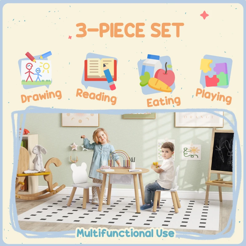 Qaba 3 Pieces Kids Table and Chair Set, Activity Table and Chair Set with Bear-Shaped Chairs, Mesh Bag