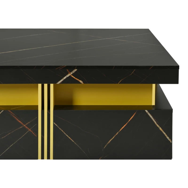 Modern Square Storage Coffee Table with 4 Functional Drawers, MDF Construction, Gold Accents, 43.5" L x 43.5" W x 16.5" H, Black+Gold