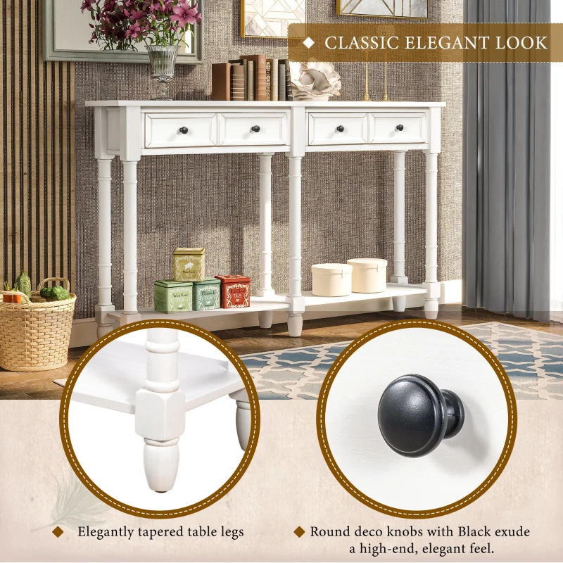 Console Table with Two Storage Drawers and Bottom Shelf, Easy Assembly for Living Room or Entryway, 58" L x 11" W x 34" H, Ivory White