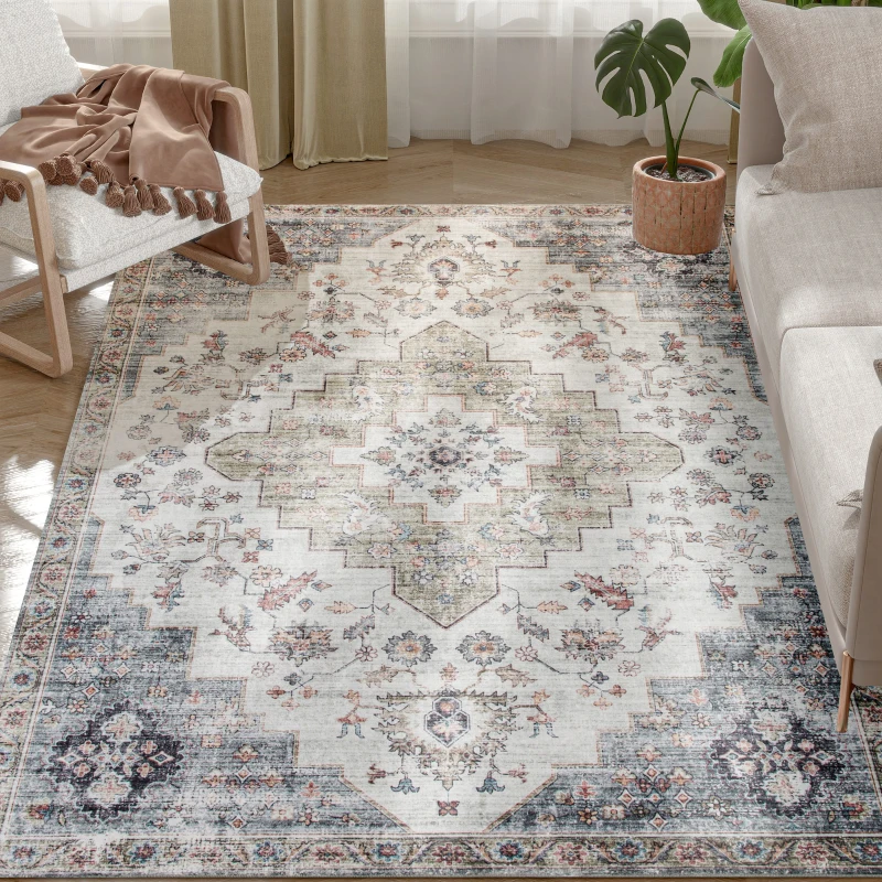 HOMCOM 4x6 Area Rug, Vintage Machine Washable Rug, Non-Slip Carpet for Living Room, Bedroom, Dining Room, Brown and Green