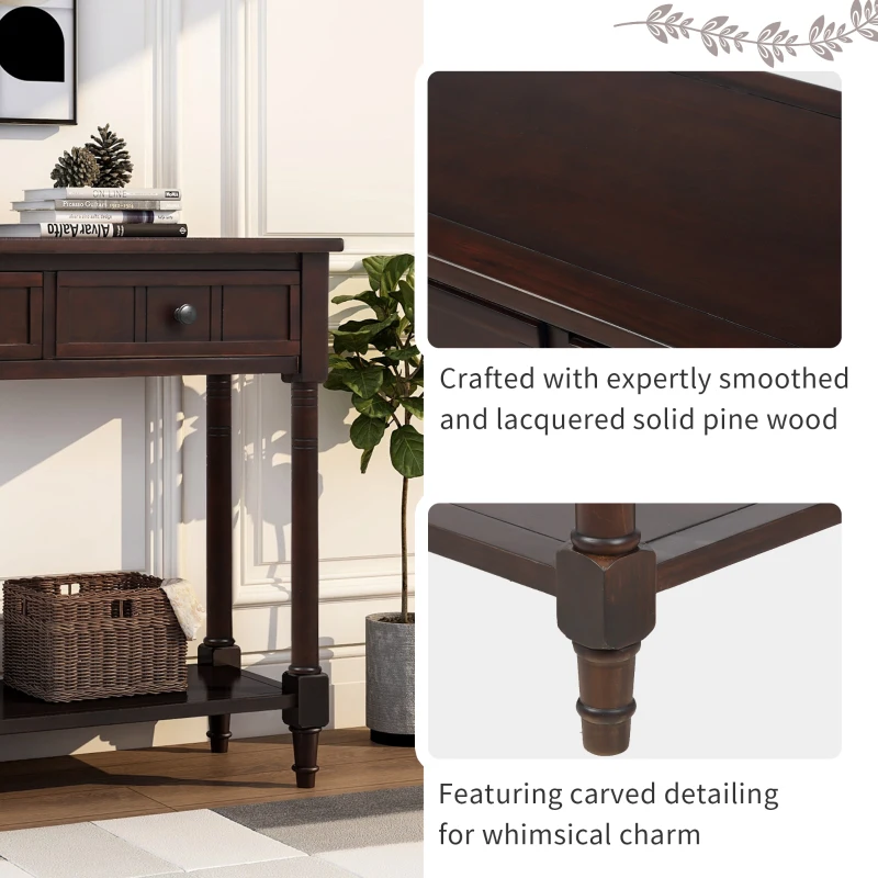 Daisy Series Console Table with Two Drawers and Bottom Shelf, Traditional Design, Pine Wood Frame, 35.5" L x 14" W x 30" H, Dark Brown