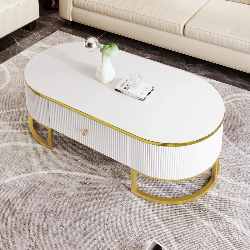 Modern High-Gloss Oval Coffee Table with Storage Drawers, Gold Lacquered Metal Base, Curved Design, 47" L x 23.5" W x 14.5" H, White+Gold