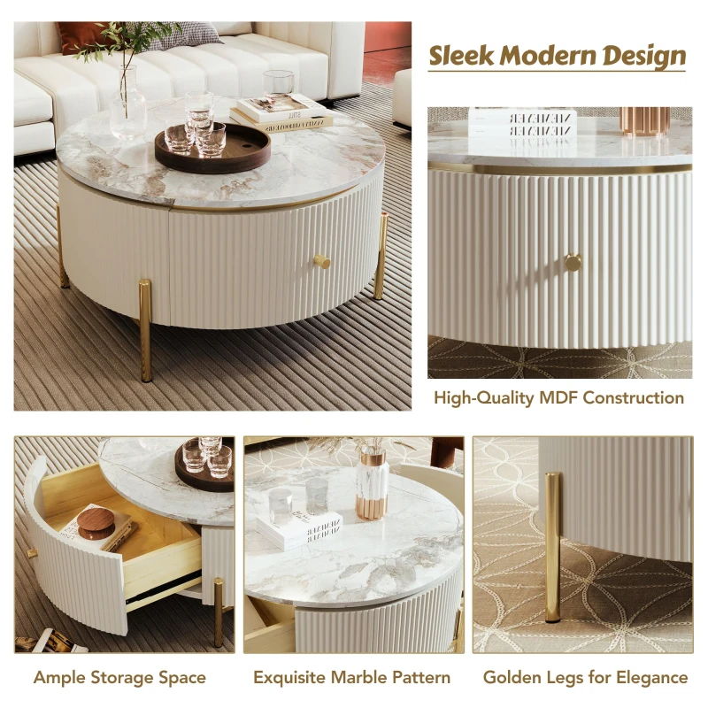 Modern Round Coffee Table with 2 Large Drawers, MDF Construction and Golden Legs, 31.5" L x 31.5" W x 17" H, Gold+White