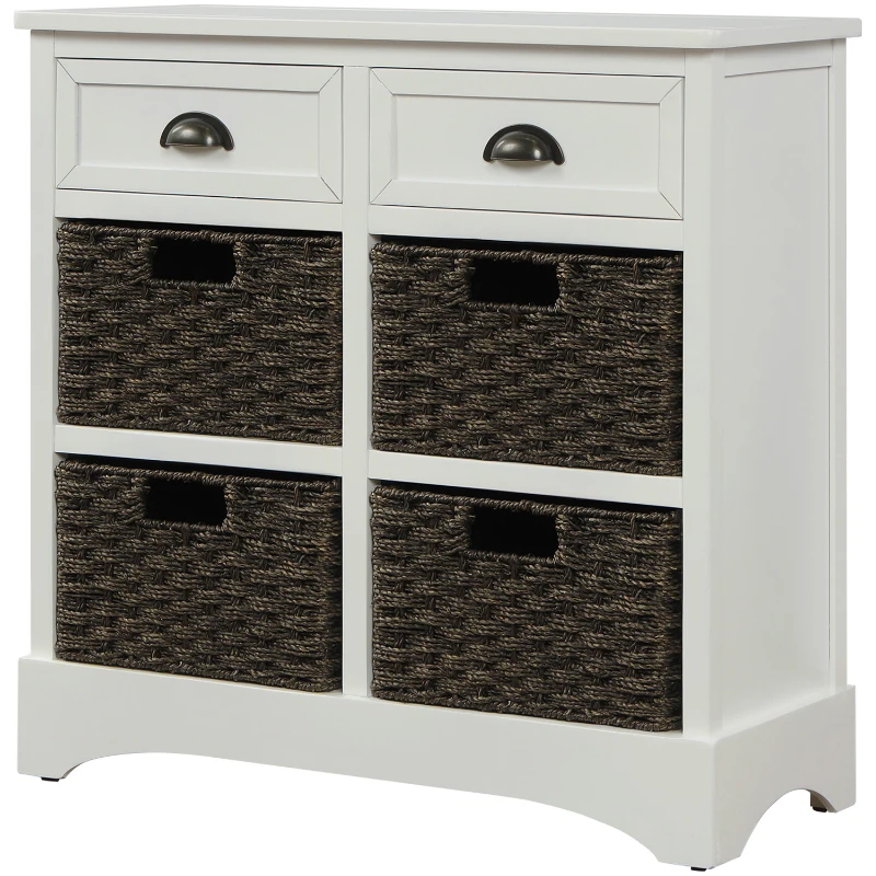 Rustic Storage Cabinet with Two Drawers and Four Rattan Baskets, Modern Farmhouse Style, Acacia Wood Frame, 28" L x 12" W x 28" H, White