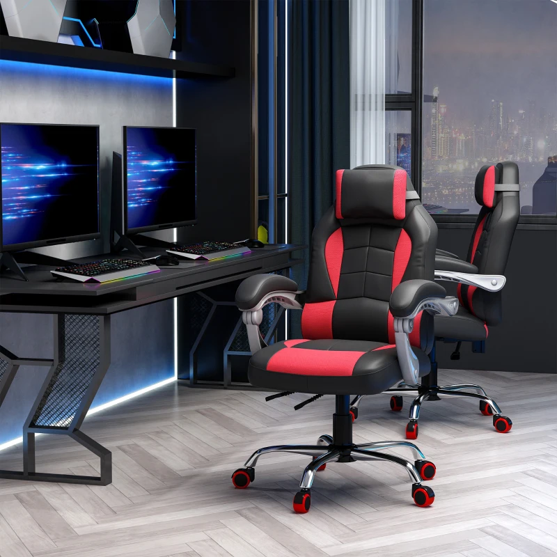 HOMCOM Racing Gamer Chair, High Back Faux Leather Gaming Chair with Headrest and Lumbar Support, Red