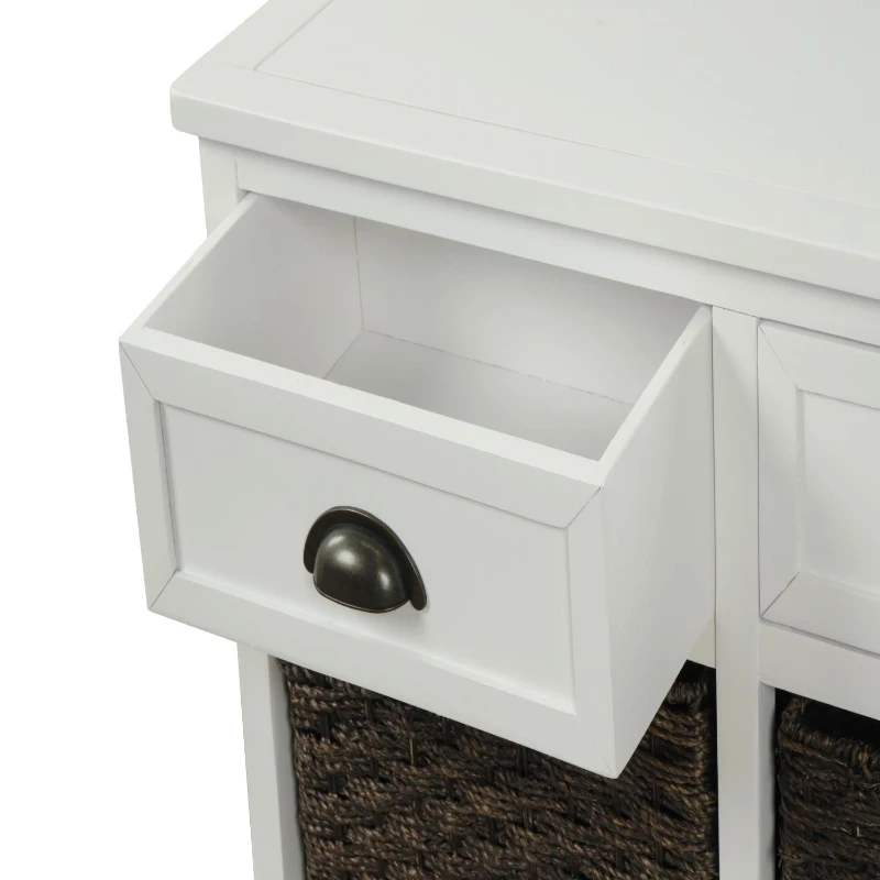 Rustic Storage Cabinet with Two Drawers and Four Rattan Baskets, Modern Farmhouse Style, Acacia Wood Frame, 28" L x 12" W x 28" H, White