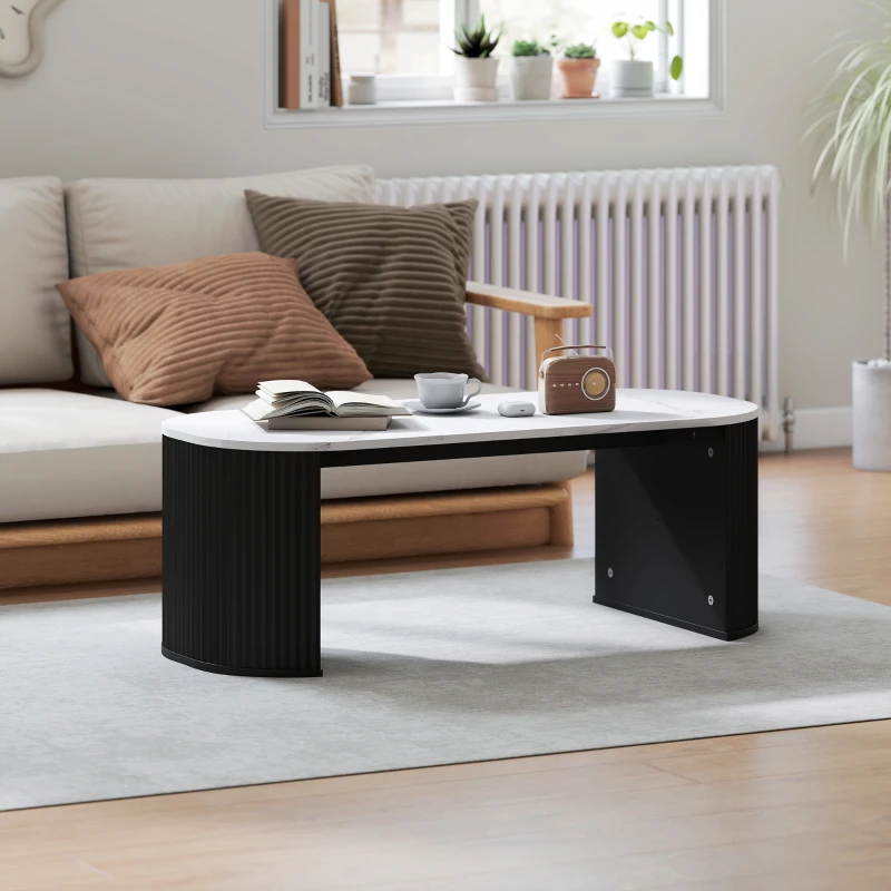 HOMCOM Coffee Table, Modern Marble-Effect Living Room Table with Round Corners and Thicken Legs, Black