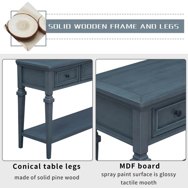 Classic Retro Console Table with 3 Drawers, Open Shelf, Solid Pine Wood Frame, Vintage Metal Handles, 50" L x 15" W x 30" H, Navy