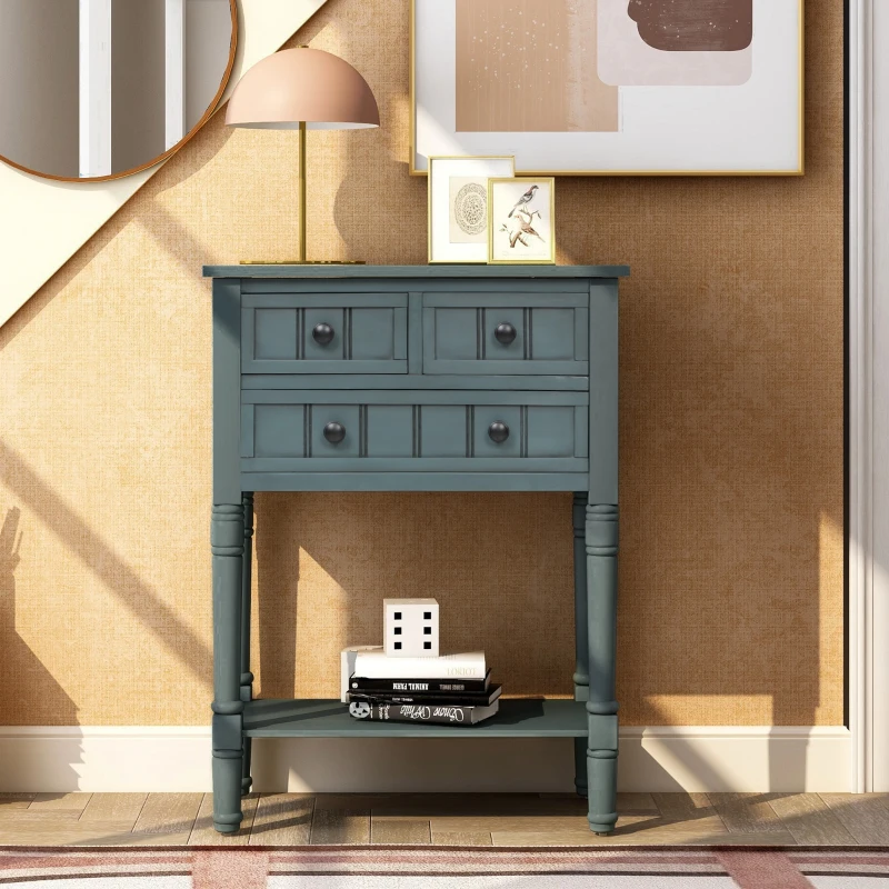Elegant Narrow Console Table with Storage Drawers, Bottom Shelf, Tapered Legs, Round Knobs, Solid Wood Frame, 24" L x 13" W x 31" H, Navy