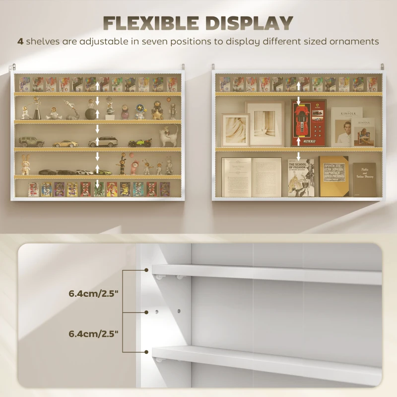 HOMCOM 5-Tier Display Cabinet, Wall-Mounted Display Case with 2 Glass Doors and Adjustable Shelves, White