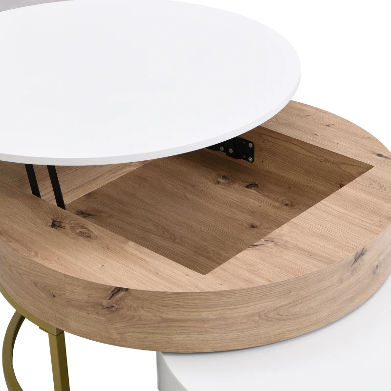 Modern Round Lift-top Nesting Coffee Tables with Hydraulic Lifting System, Space-saving Design, 31.5" L x 31.5" W x 16" H, Natural+White