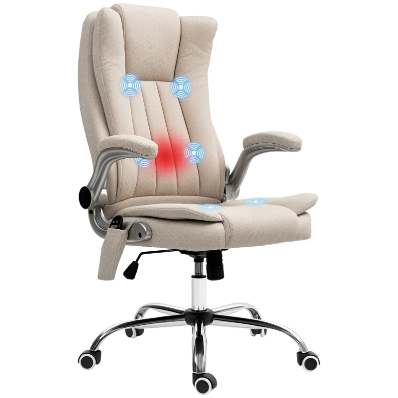 HOMCOM Vibration Massage Office Chair, High Back Heated Computer Chair with Flip-up Armrest & Swivel Wheels, Cream White