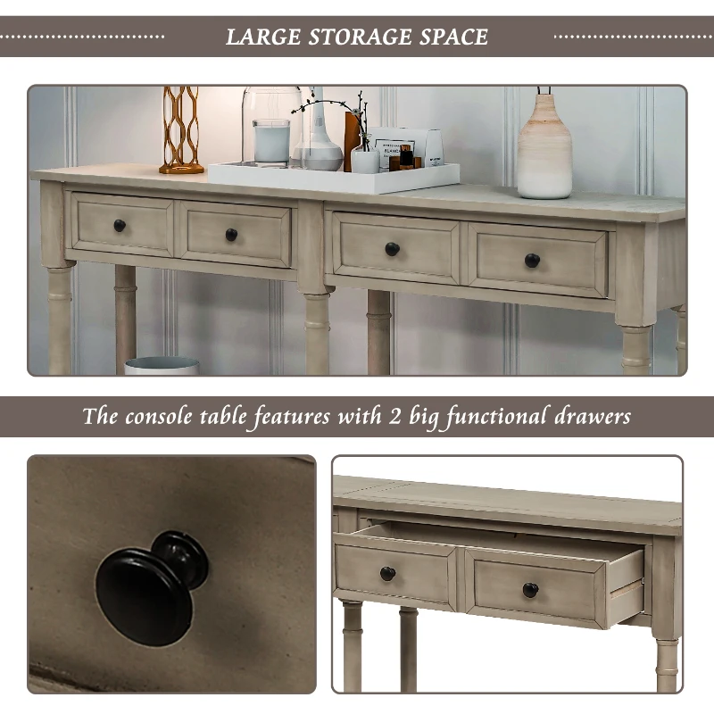 Console Table with Two Storage Drawers and Bottom Shelf, Solid Wood Frame, Easy Assembly, 58" L x 11" W x 34" H, Gray