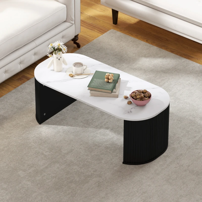 HOMCOM Coffee Table, Modern Marble-Effect Living Room Table with Round Corners and Thicken Legs, Black