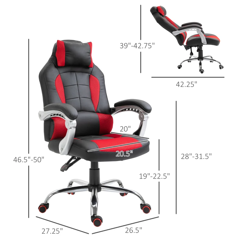 HOMCOM Racing Gamer Chair, High Back Faux Leather Gaming Chair with Headrest and Lumbar Support, Red