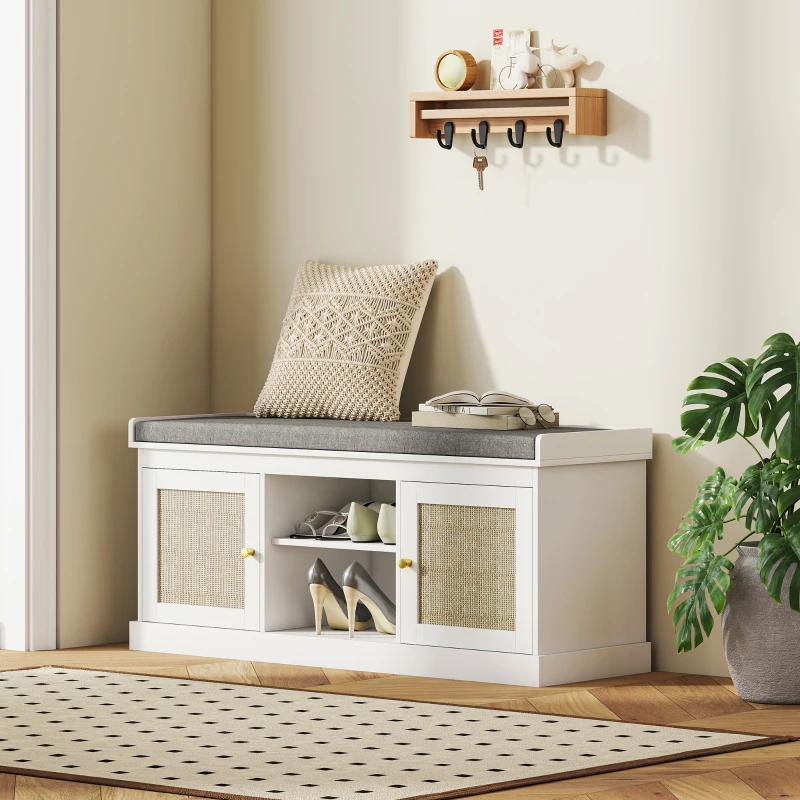 HOMCOM Shoe Bench with Padded Cushion, Boho Entryway Bench with Rattan Doors and Adjustable Shelves, Holds 9 Pairs, White