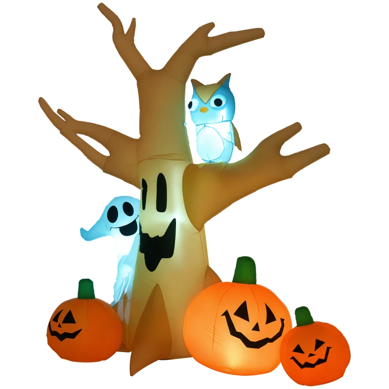 HOMCOM 7.5' Tall Lighted Halloween Inflatables Outdoor Decorations Haunted Tree With Owl, Ghost, Pumpkins, Blow Up LED Yard Decor for Garden, Lawn, Party, Holiday, Waterproof