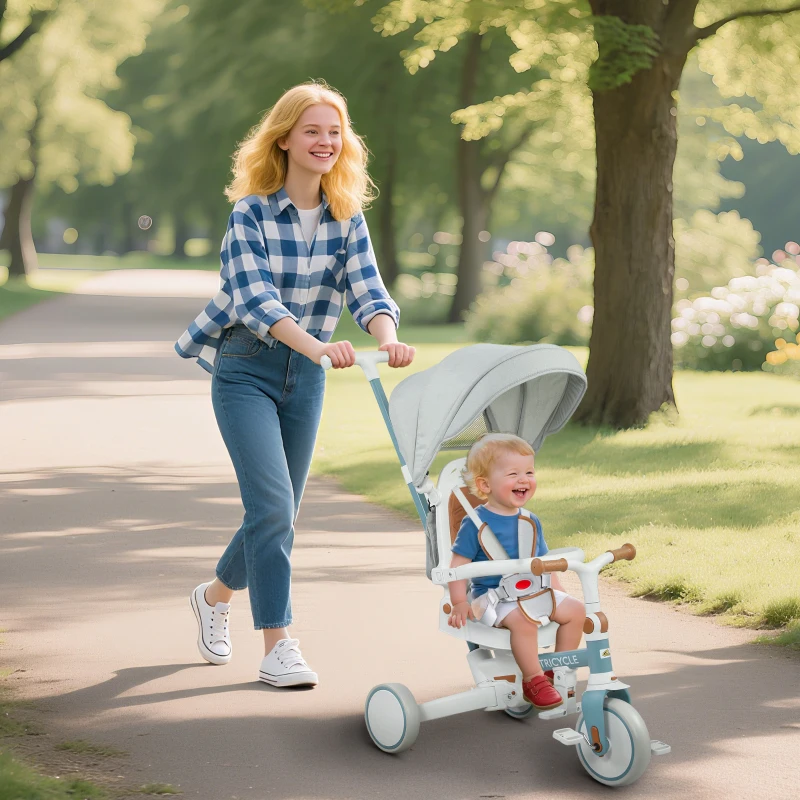 Qaba 7 in 1 Toddler Tricycle with Safety Harness, Adjustable & Removable Parent Handle, Canopy, Storage Bag, Brake, Blue