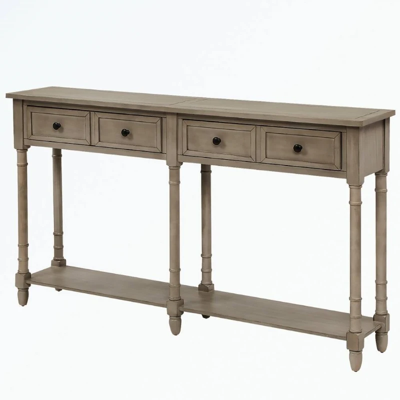 Console Table with Two Storage Drawers and Bottom Shelf, Solid Wood Frame, Easy Assembly, 58" L x 11" W x 34" H, Gray