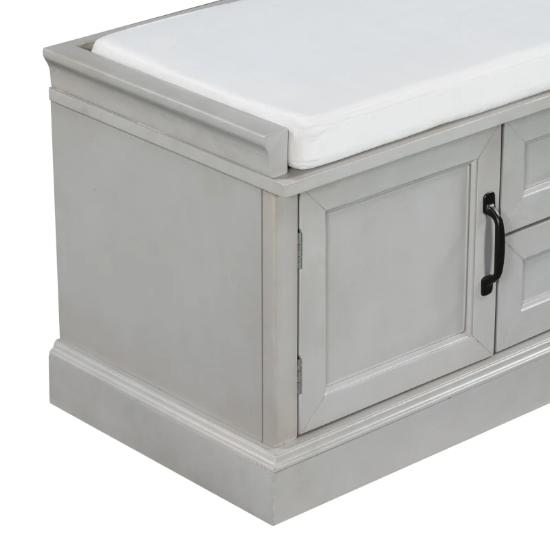 Storage Bench with 4 Doors and Adjustable Shelves, Removable Cushion for Entryway, 43" L x 16" W x 17.5" H, Gray