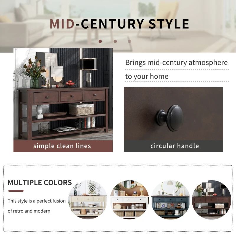 Retro Style Console Table with 3 Drawers and 2 Open Shelves, Pine Wood Frame, Circular Handles, 50" L x 16" W x 30" H, Dark Brown