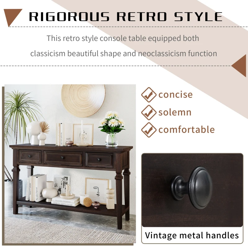 Classic Retro Console Table with 3 Drawers, Open Shelf, Pine Wood Frame, Perfect for Entryway, Living Room, 50" L x 15" W x 30" H, Dark Brown