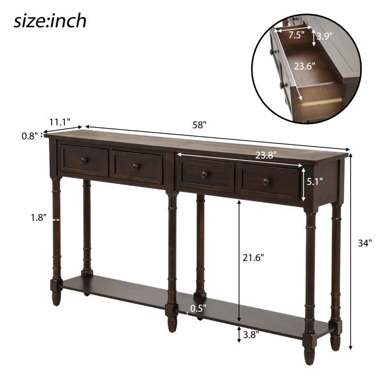 Console Table with Two Storage Drawers and Bottom Shelf, Easy Assembly, Solid Wood Frame, 58" L x 11" W x 34" H, Dark Brown