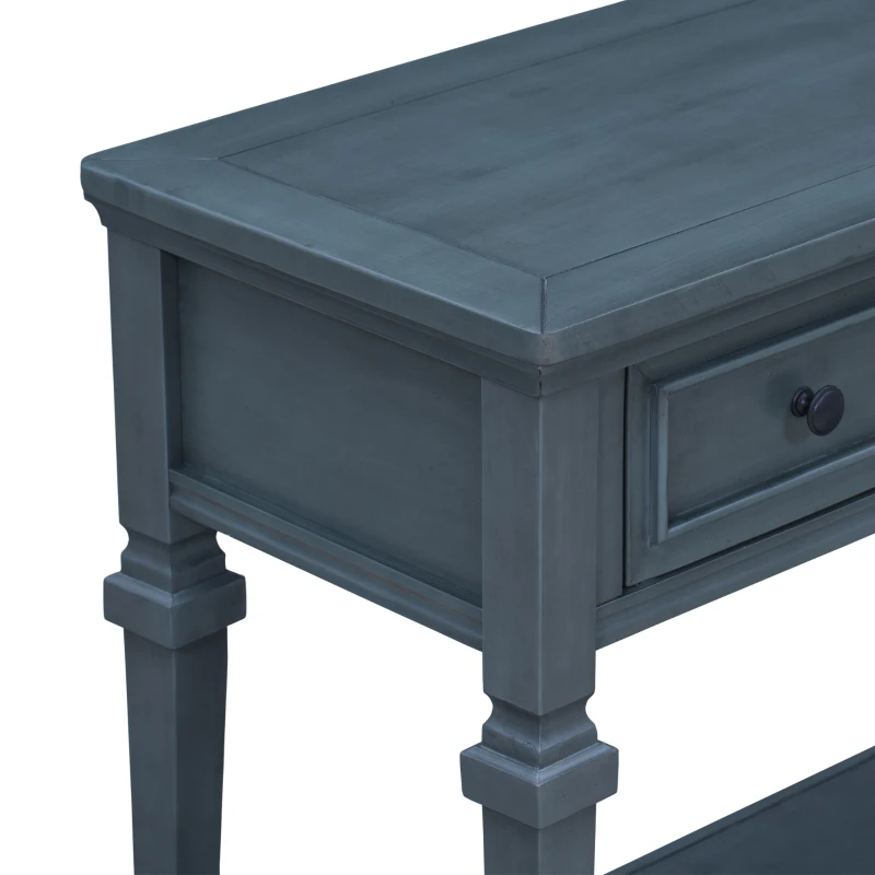 Classic Retro Console Table with 3 Drawers, Open Shelf, Solid Pine Wood Frame, Vintage Metal Handles, 50" L x 15" W x 30" H, Navy