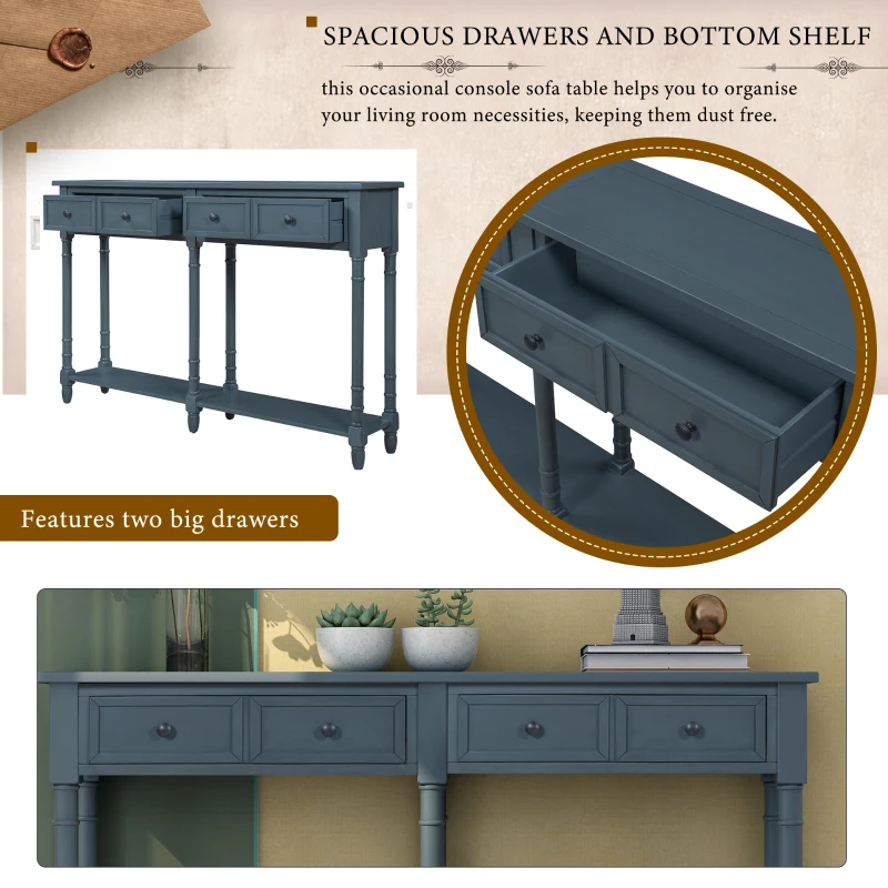 Console Table with Two Storage Drawers and Bottom Shelf, Solid Wood Frame, Easy Assembly, 58" L x 11" W x 34" H, Navy Blue