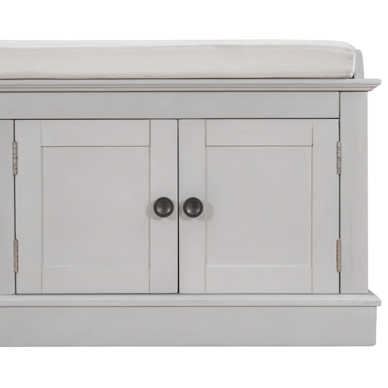 Storage Bench with 4 Doors and Adjustable Shelves, Comfortable Seating, Removable Cushion for Entryway, 43" L x 16" W x 17.5" H, Gray