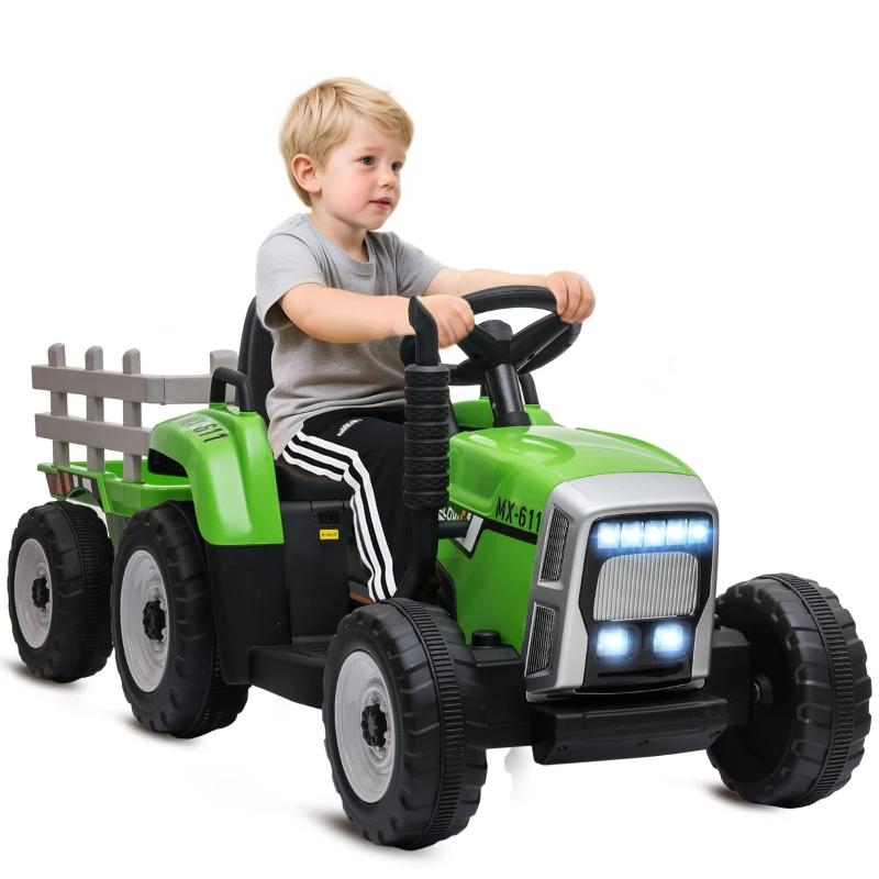 Aosom 12V Ride on Tractor with Trailer, 25W Dual Motors, Battery Powered Electric Tractor with Remote Control, Music Startup Sound and Horn, LED Lights, Green