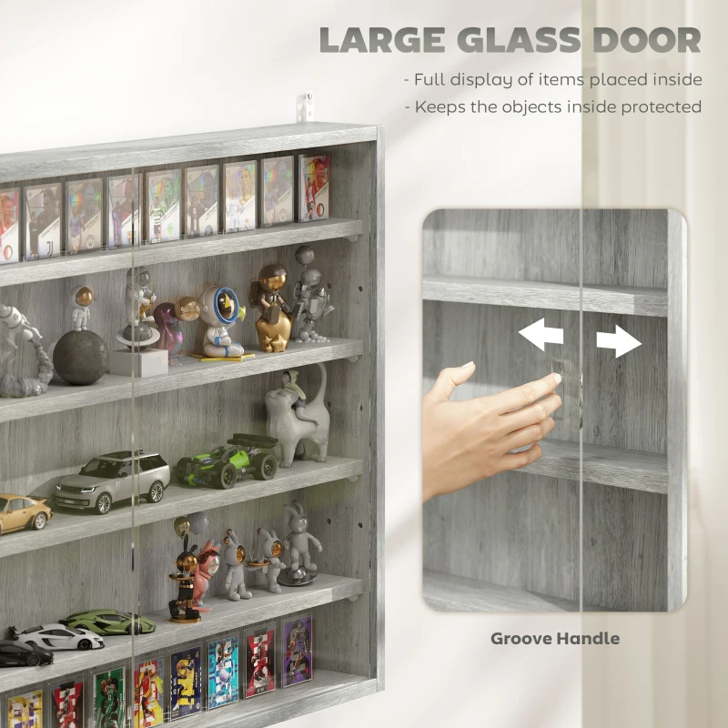HOMCOM 5-Tier Display Cabinet, Wall-Mounted Display Case with 2 Glass Doors and Adjustable Shelves, Gray