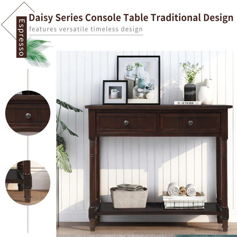 Daisy Series Console Table with Two Drawers and Bottom Shelf, Traditional Design, Pine Wood Frame, 35.5" L x 14" W x 30" H, Dark Brown