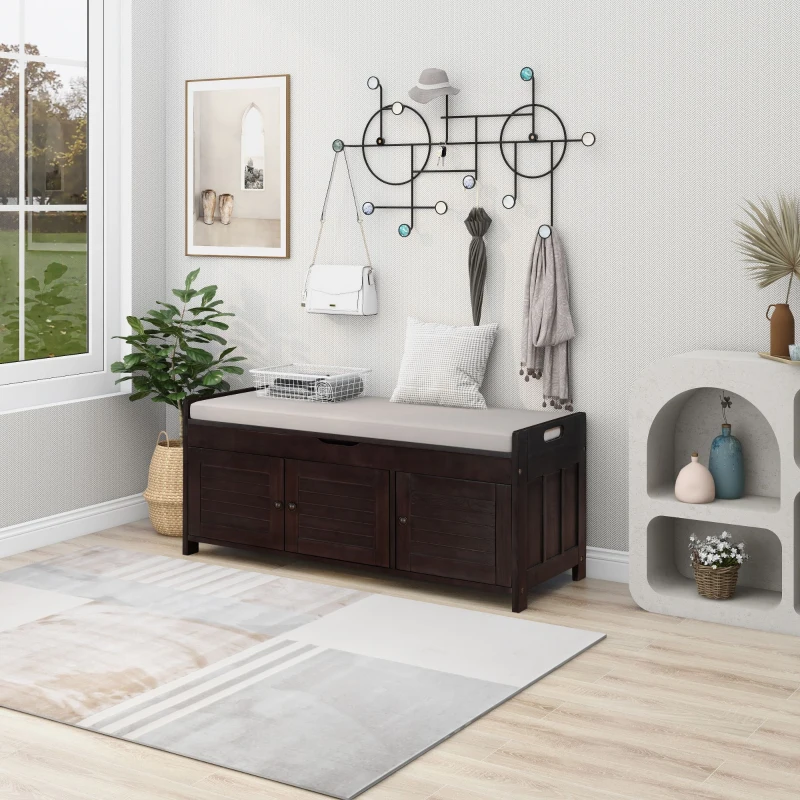 Rustic Storage Bench with Shutter-shaped Doors, Hidden Storage and Removable Cushion, 43.5" L x 16 " W x 18" H, Dark Brown