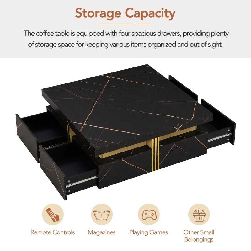 Modern Square Storage Coffee Table with 4 Functional Drawers, MDF Construction, Gold Accents, 43.5" L x 43.5" W x 16.5" H, Black+Gold