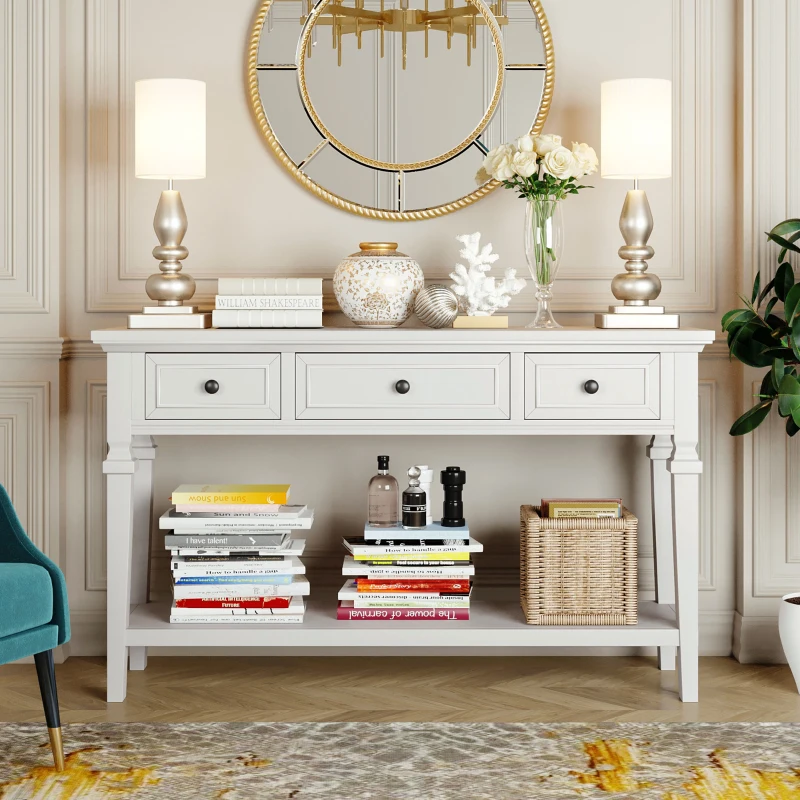 Classic Retro Console Table with 3 Drawers, Open Shelf, Solid Pine Wood Frame, Ideal for Entryway, Hallway, 50" L x 15" W x 30" H, White