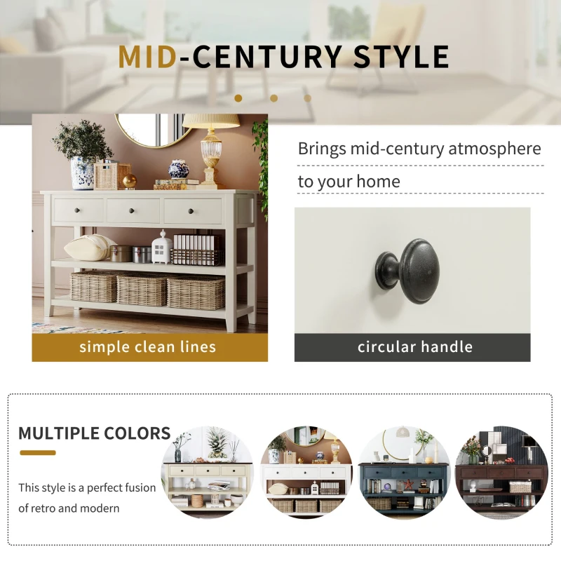 Mid-Century Retro Console Table with 2 Open Shelves, 3 Drawers, Pine Solid Wood Frame, Circular Handles, 50" L x 16" W x 30" H, White