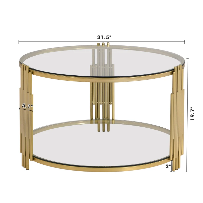 Modern Glass Coffee Table with Asymmetrical Metal Design, Circular Drum Base, Sofa Table with Lower Shelf, 31.5" L x 31.5" W x 20" H, Gold