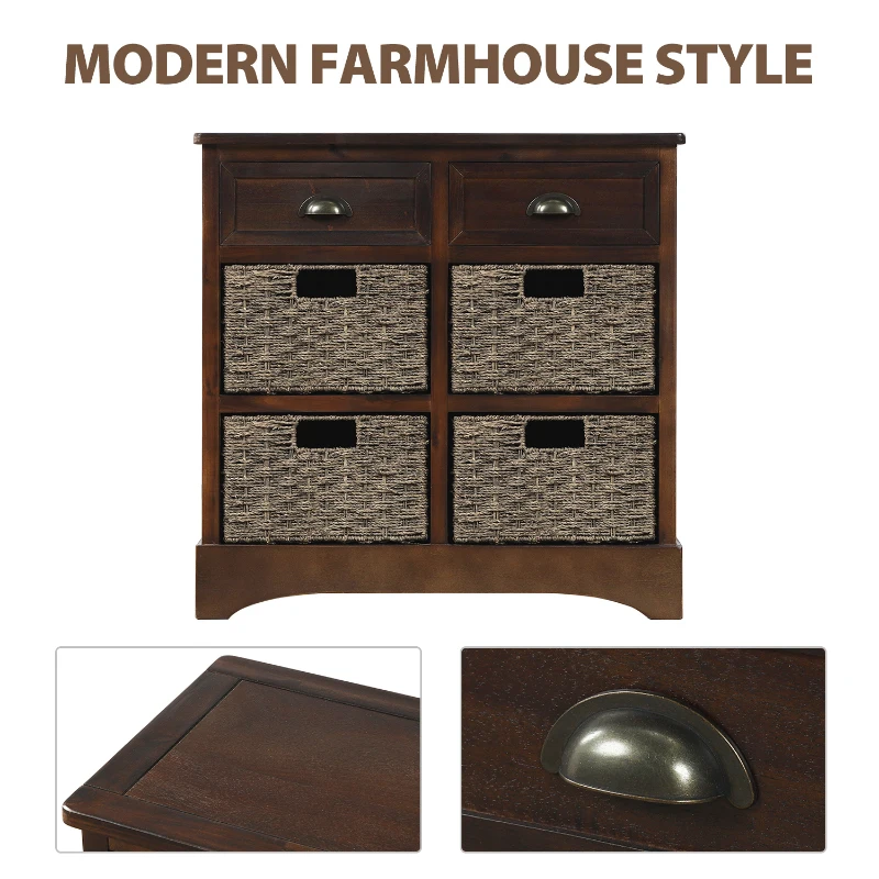 Rustic Storage Cabinet with Two Drawers and Four Rattan Baskets, Modern Farmhouse Style, Acacia Wood Frame, 28" L x 12" W x 28" H, Brown