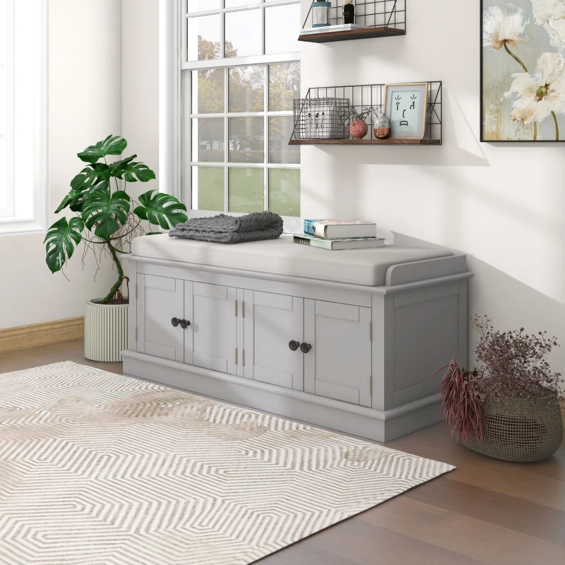 Storage Bench with 4 Doors and Adjustable Shelves, Comfortable Seating, Removable Cushion for Entryway, 43" L x 16" W x 17.5" H, Gray