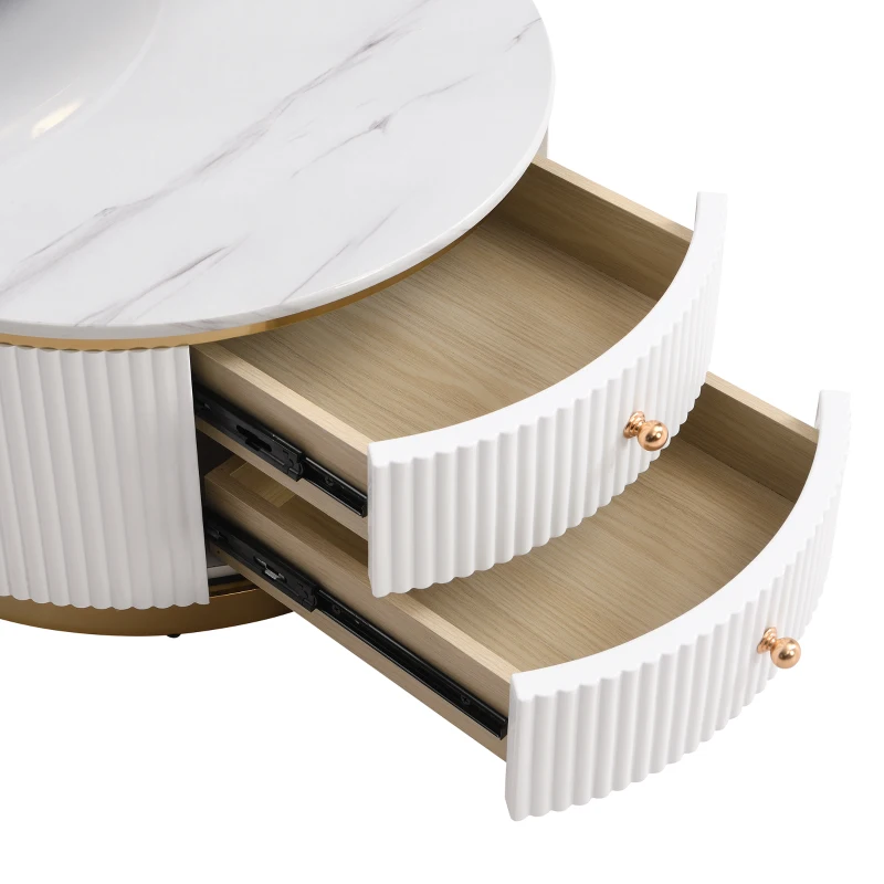 Modern Round Nesting Coffee Table Set with Drawers, MDF Top and Gold Legs, 2 Piece Set, 27.5" L x 27.5" W x 17.5" H, White+Gold