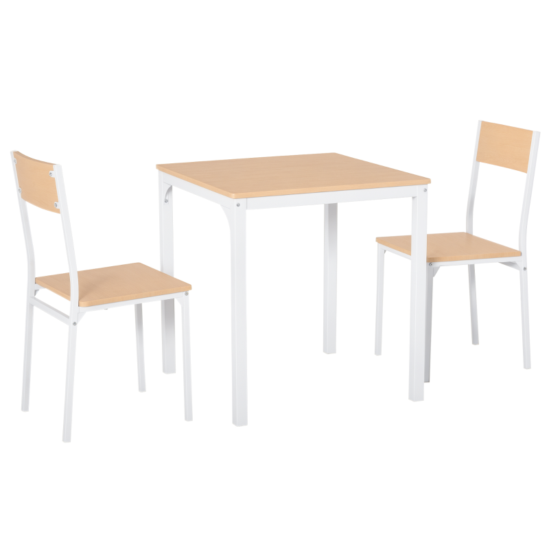 HOMCOM 3-Piece Wooden Square Dining Table Set with 1 Table and 2 Chairs and Sturdy Metal Frame for Small Space, White