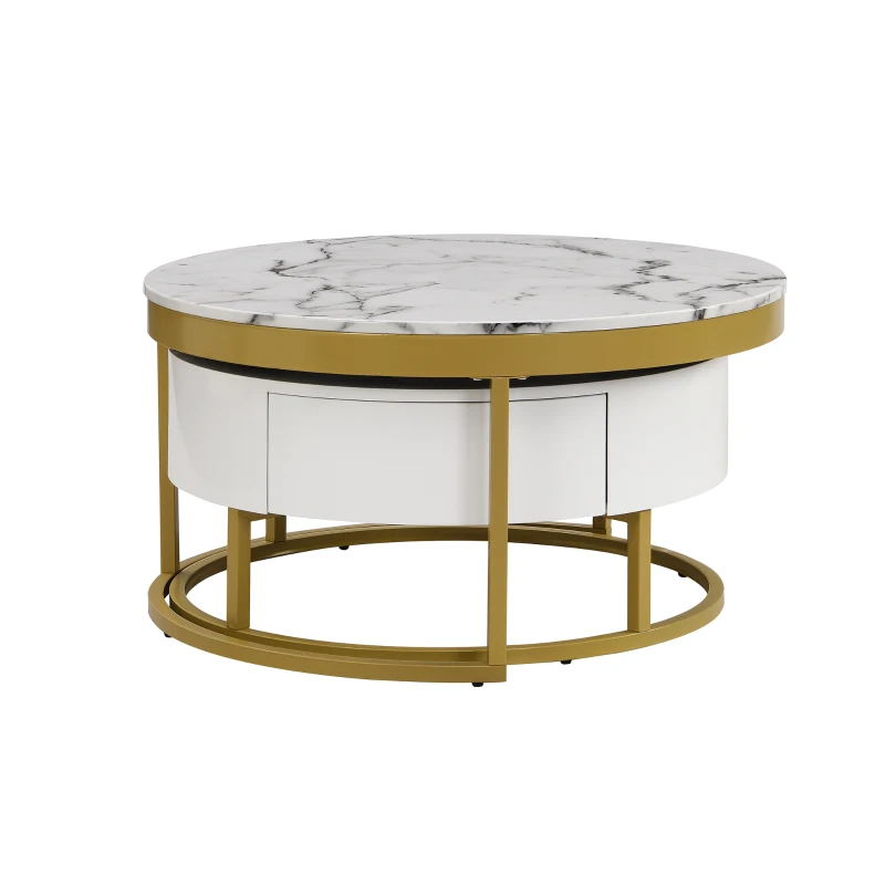 Modern Round Nesting Coffee Table with Drawers, MDF and Metal Pedestal Base, Durable Construction, 31.5" L x 31.5" W x 17" H, Gold+White