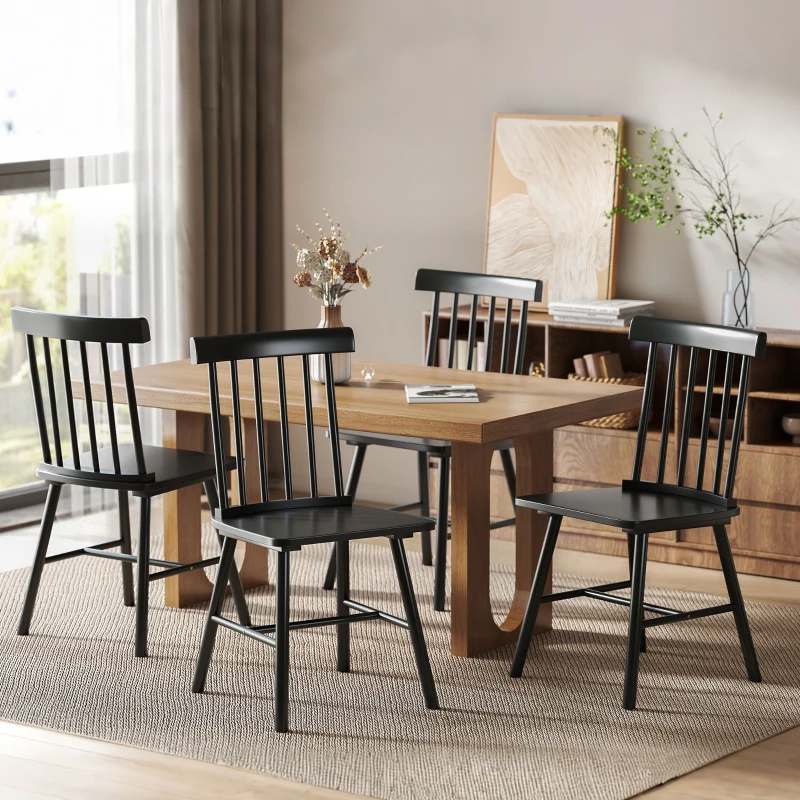 HOMCOM Dining Chairs Set of 4, Farmhouse Wood Kitchen Chairs with Rubber Wood Frame, Spindle Back for Dining Room, Black