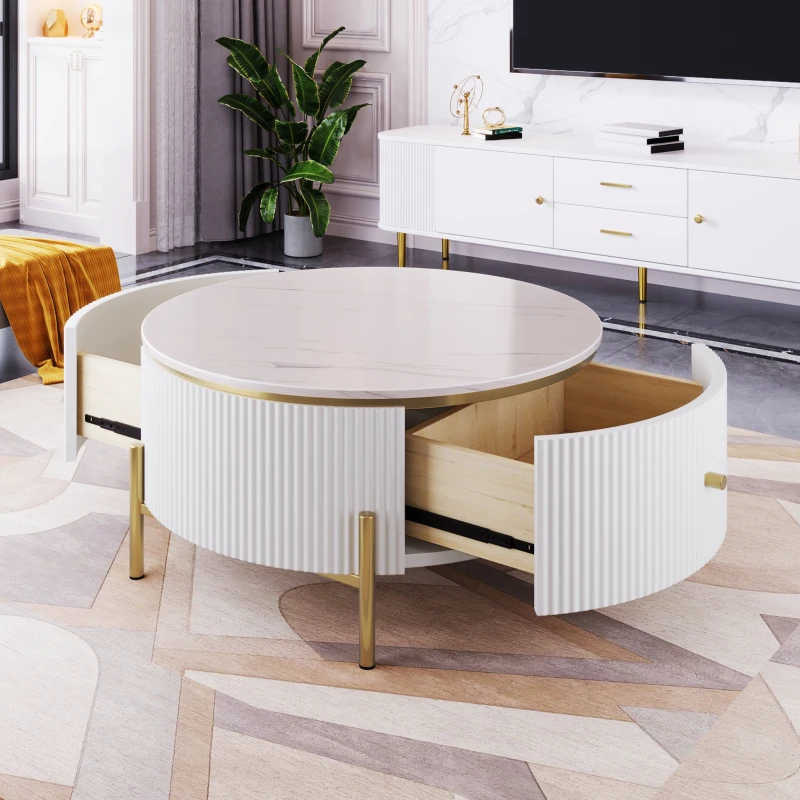 Modern Round Coffee Table with 2 Large Drawers, MDF Construction and Gold Legs, Sleek Modern Design, 31.5" L x 31.5" W x 17" H, White+Gold