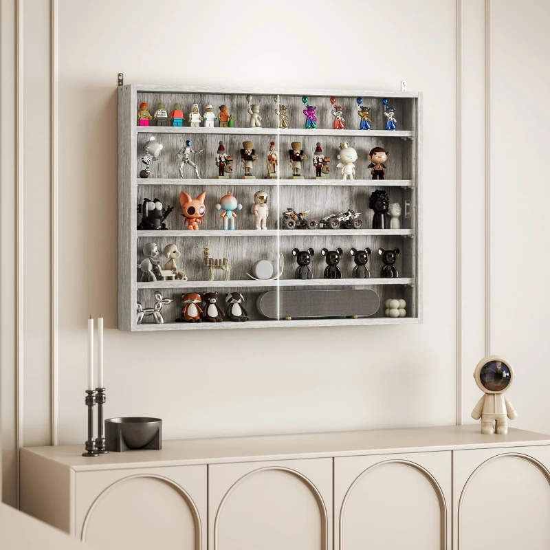 HOMCOM 5-Tier Display Cabinet, Wall-Mounted Display Case with 2 Glass Doors and Adjustable Shelves, Gray