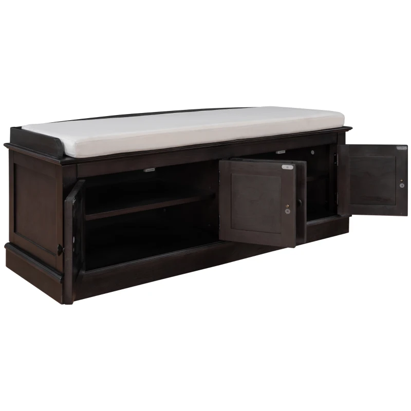 Storage Bench with Multi-Purpose Storage and Adjustable Shelves, Removable Cushion for Entryway, 43" L x 16" W x 17.5" H, Dark Brown