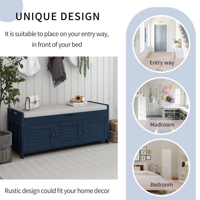 Rustic Storage Bench with Shutter-shaped Doors, Hidden Storage and Removable Cushion, 43.5" L x 16 " W x 18" H, Antique Navy