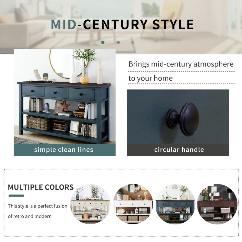 Mid-Century Retro Console Table with 2 Open Shelves, 3 Drawers, Pine Solid Wood Frame, MDF Tabletop, 50" L x 16" W x 30" H, Navy