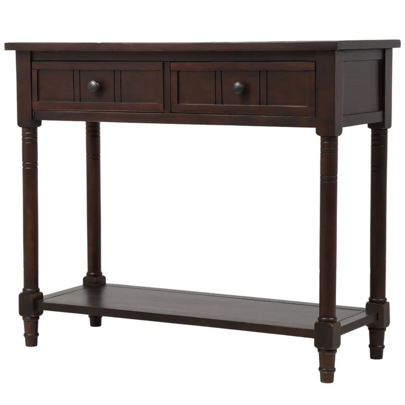 Daisy Series Console Table with Two Drawers and Bottom Shelf, Traditional Design, Pine Wood Frame, 35.5" L x 14" W x 30" H, Dark Brown